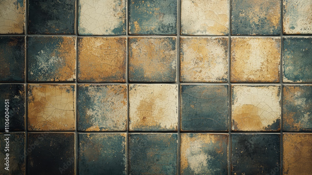 Naklejka premium Close-Up of Vintage Ceramic Tile Wall Featuring Unique Distressed Patterns in Earthy Tones for Elegant and Timeless Interior Design Aesthetics