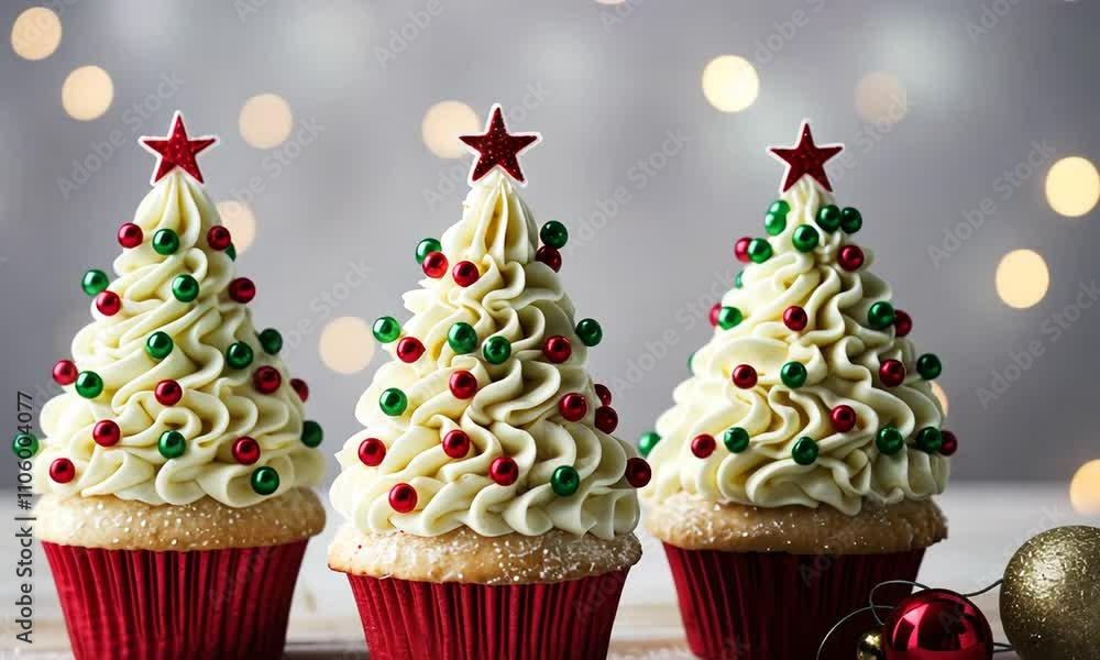 Delightful holiday cupcakes adorned with festive decorations in shimmering bokeh backdrop Delightful holiday cupcakes adorned with festive decorations in shimmering bokeh backdrop