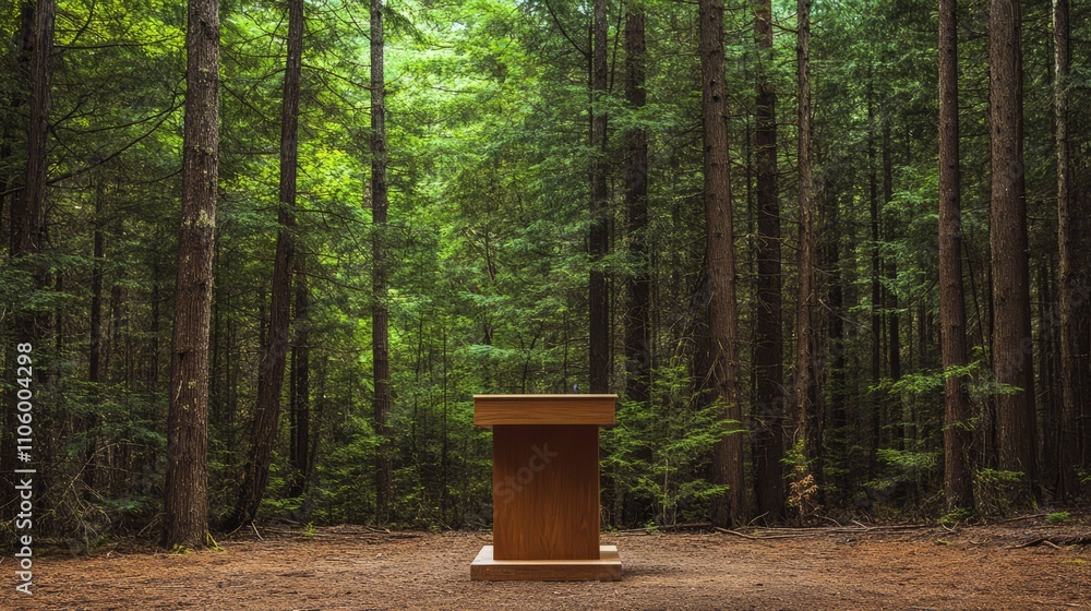 A podium in an outdoor setting, surrounded by tall trees and nature, prepared for a speech A podium in an outdoor setting, surrounded by tall trees and nature, prepared for a speech