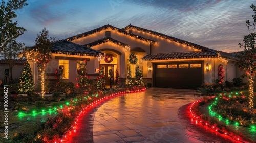 Classic Christmas colors red and green string lights framing a front yard, creating a festive display