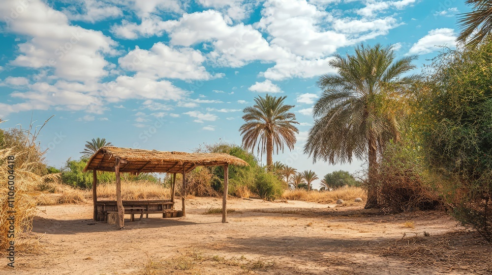 Tranquil Desert Oasis with Shelter Surrounded by Lush Palm Trees and Bright Blue Sky, Offering Serenity and Comfort in Remote Wilderness Tranquil Desert Oasis with Shelter Surrounded by Lush Palm Trees and Bright Blue Sky, Offering Serenity and Comfort in Remote Wilderness