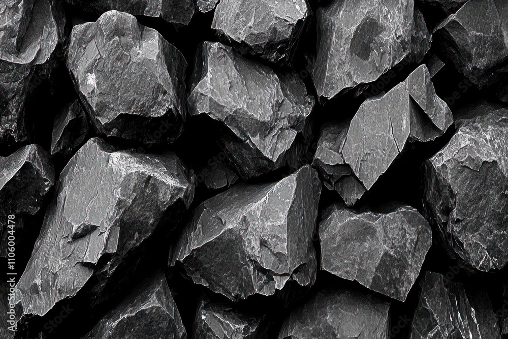 A close-up view of rough, dark rocks, resembling coal or mineral deposits. A close-up view of rough, dark rocks, resembling coal or mineral deposits.