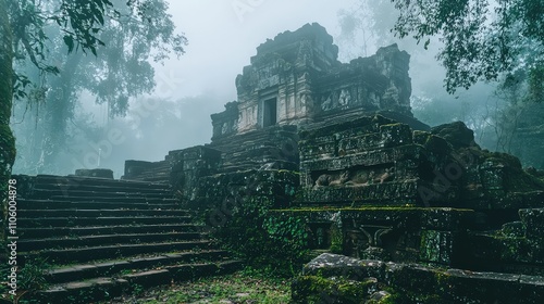 Ancient Temple Covered in Mist Deep in the Jungle, Surrounded by Mysterious Atmosphere, Evoking a Sense of Wonder and Discovery in a Forgotten World