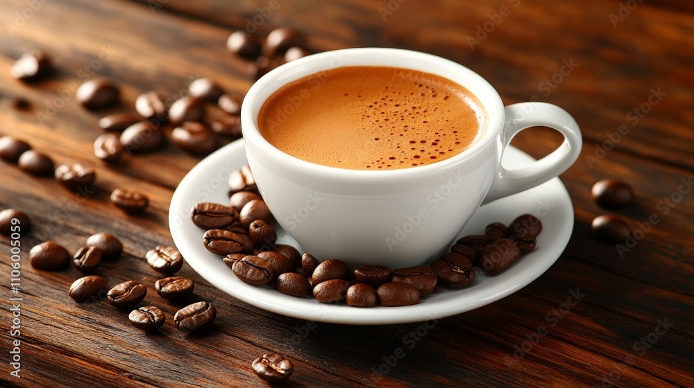 A cup of coffee on a wooden surface, surrounded by coffee beans. A cup of coffee on a wooden surface, surrounded by coffee beans.
