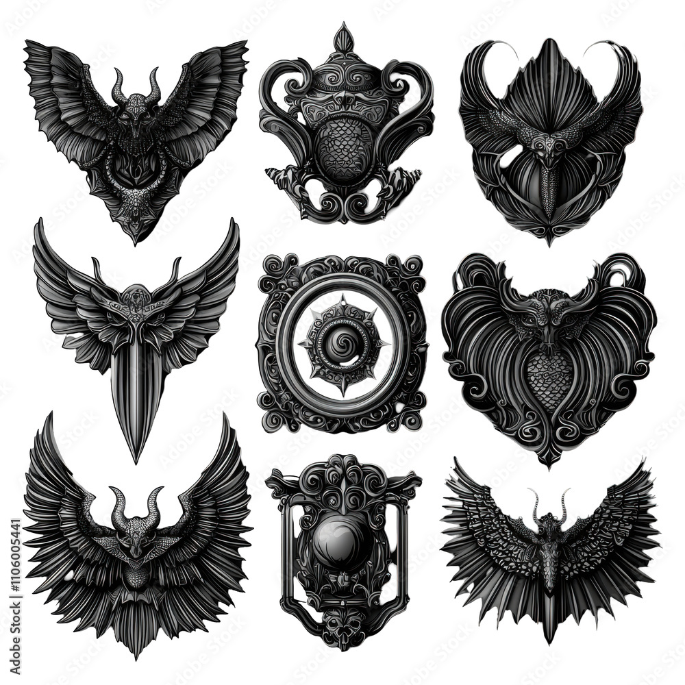 Dark Fantasy Emblems Gothic Ornate Winged Bird Skull Monochrome Design Elements Dark Fantasy Emblems Gothic Ornate Winged Bird Skull Monochrome Design Elements