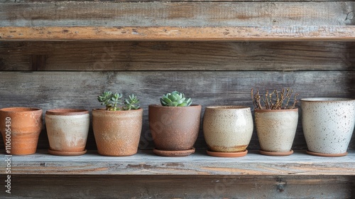 Rustic Ceramic Planters Displayed on a Wooden Shelf, Showcasing Earthy Tones and Varied Succulent Plants in a Tranquil Natural Setting