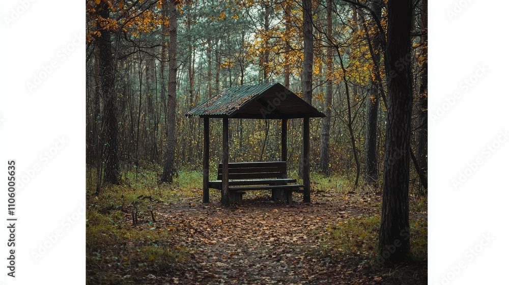 Tranquil Wooden Shelter in a Serene Forest Clearing Surrounded by Tall Trees and Fall Foliage, Inviting Peaceful Reflection and Nature Exploration Tranquil Wooden Shelter in a Serene Forest Clearing Surrounded by Tall Trees and Fall Foliage, Inviting Peaceful Reflection and Nature Exploration