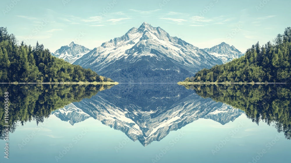 Naklejka premium Alpine lake with reflections of snow-capped mountains, surrounded by lush trees, clear blue sky, calm water, perfect symmetry, celebrating pure natural beauty