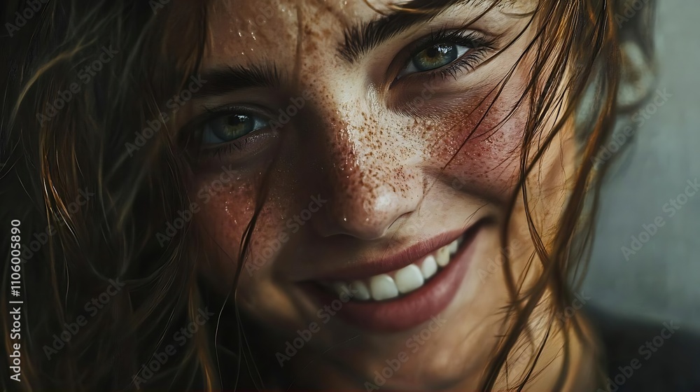 Freckles Smile Woman Portrait Closeup Happy Face Girl Brown Hair Green Eyes Beauty Skin Natural Freckles Smile Woman Portrait Closeup Happy Face Girl Brown Hair Green Eyes Beauty Skin Natural