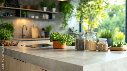 Modern kitchen island with herbs, spices, and sunlight.