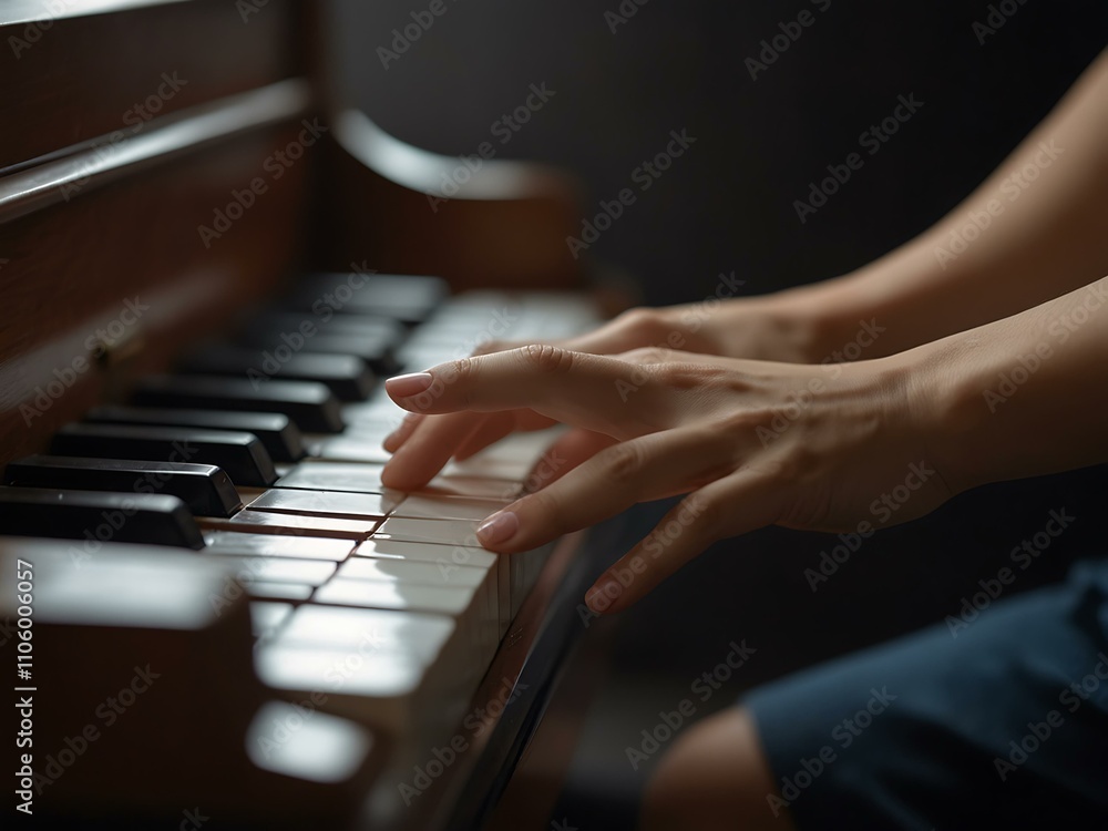 Obraz premium Elegant woman playing piano, close-up shot.