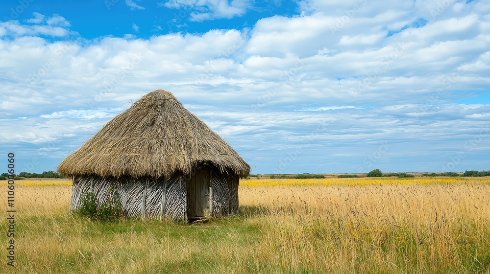 Small Thatched Roof Hut in the Middle of a Serene Landscape Under a Cloudy Sky, Surrounded by Golden Grasses and Open Fields Small Thatched Roof Hut in the Middle of a Serene Landscape Under a Cloudy Sky, Surrounded by Golden Grasses and Open Fields