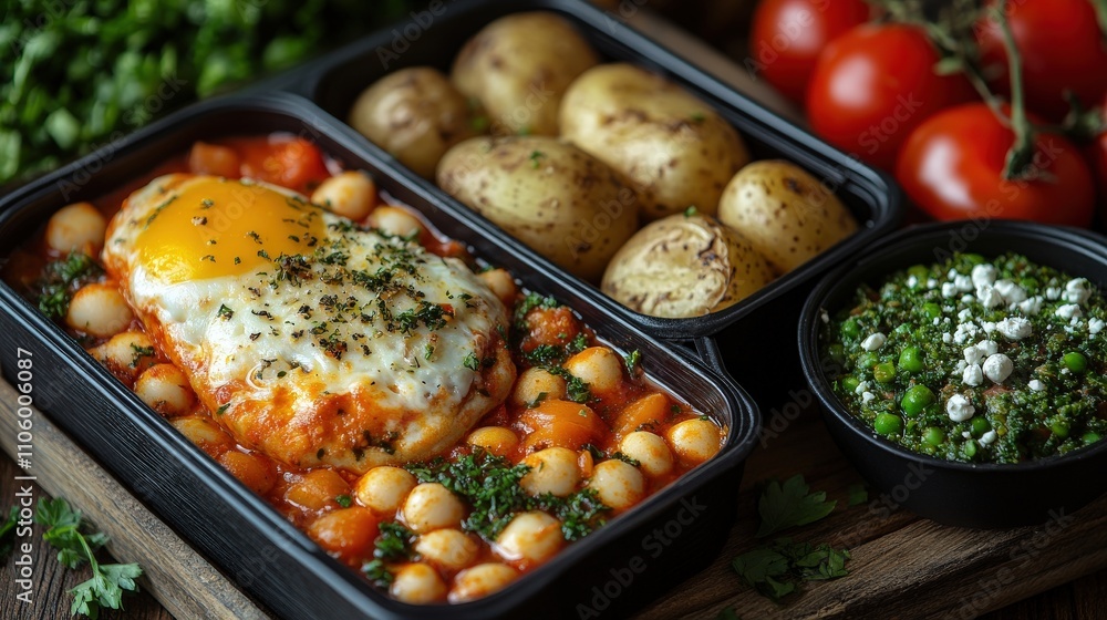 A delicious meal featuring baked eggs, potatoes, and greens in a meal prep container. A delicious meal featuring baked eggs, potatoes, and greens in a meal prep container.