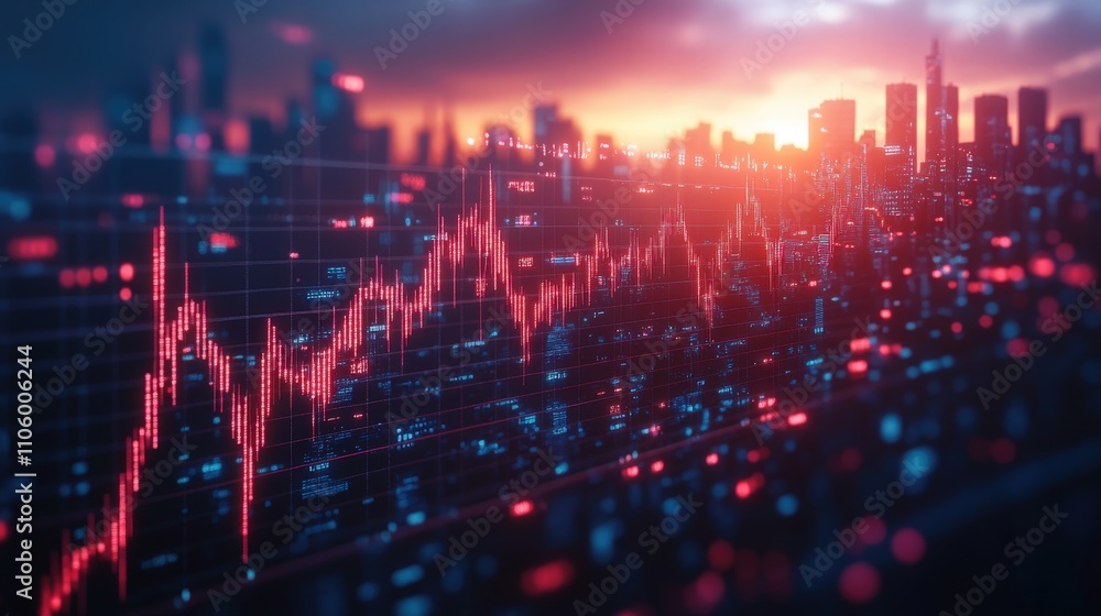 A digital stock market graph over a city skyline at sunset, symbolizing financial trends. A digital stock market graph over a city skyline at sunset, symbolizing financial trends.