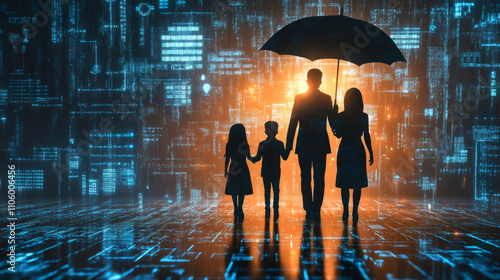 Family with umbrella protecting themselves from data breach and digital disruption in virtual world