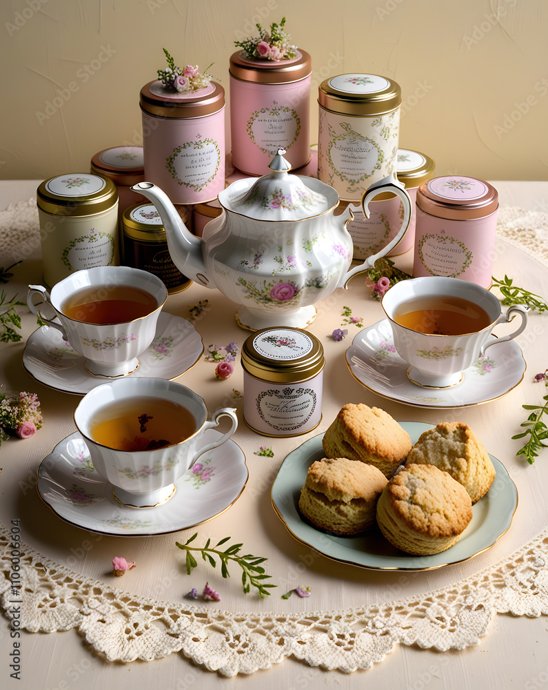 Delightful afternoon tea with assorted teas, delicate cookies, and floral decorations arranged artfully on a lace tablecloth Delightful afternoon tea with assorted teas, delicate cookies, and floral decorations arranged artfully on a lace tablecloth