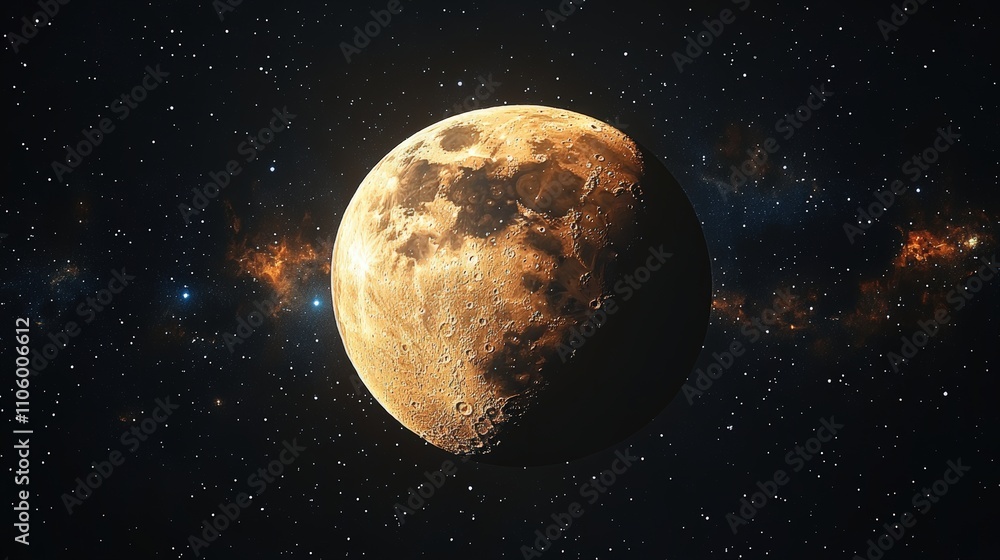 Obraz premium A detailed depiction of a celestial body in space, showcasing its surface and surrounding stars.