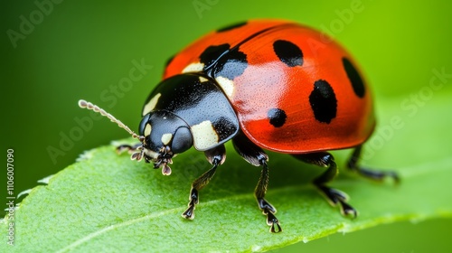 Close-up of a ladybug on a green leaf.