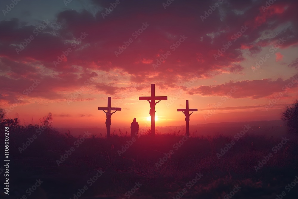 Naklejka premium Silhouette of three crosses with Jesus hanging on Golgotha ​​hill in red sunset light