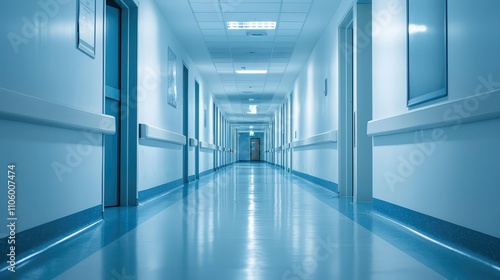 Abandoned Hospital Corridor with Flickering Lights Evokes a Sense of Mystery and Eerie Silence in an Unused Medical Facility Perfect for Creative Projects