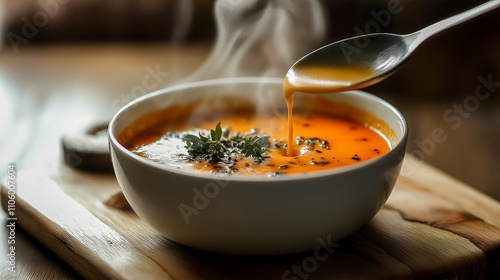 Indulge in a warm bowl of aromatic tomato soup, garnished with fresh herbs. Perfectly comforting for chilly days, its a tasty treat for all ages.