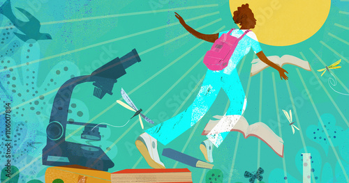 Teenage girl taking off from pile of books