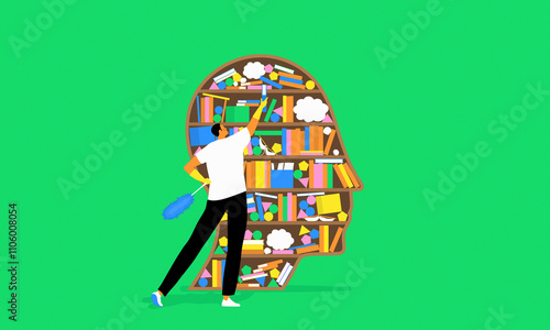 Man tidying bookshelf inside head