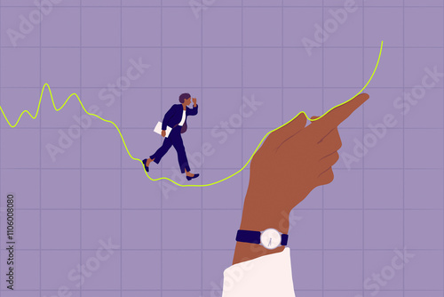 Hand holding up line graph for businesswoman to walk along