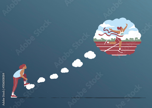 Girl fastening running shoe imagining winning the race