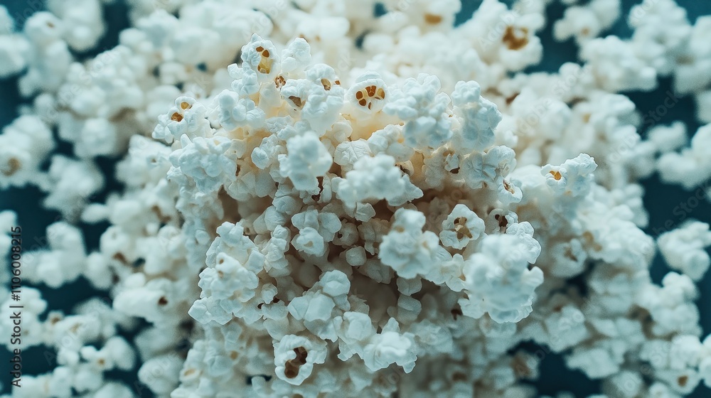 Close-up of popped popcorn kernels arranged in a clustered pattern showcasing texture in soft focus background. Close-up of popped popcorn kernels arranged in a clustered pattern showcasing texture in soft focus background.