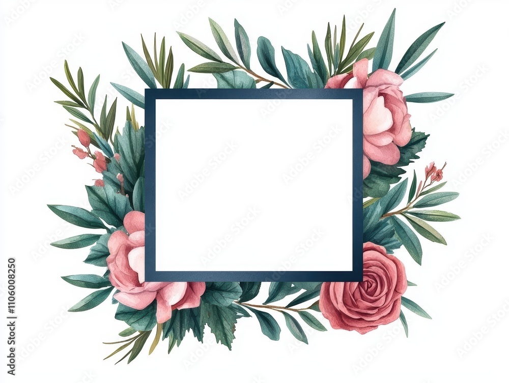 A decorative floral frame featuring pink roses and green leaves, providing a blank space for text or images. A decorative floral frame featuring pink roses and green leaves, providing a blank space for text or images.