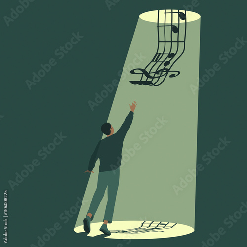 Man in hole reaching for music score forming rope ladder