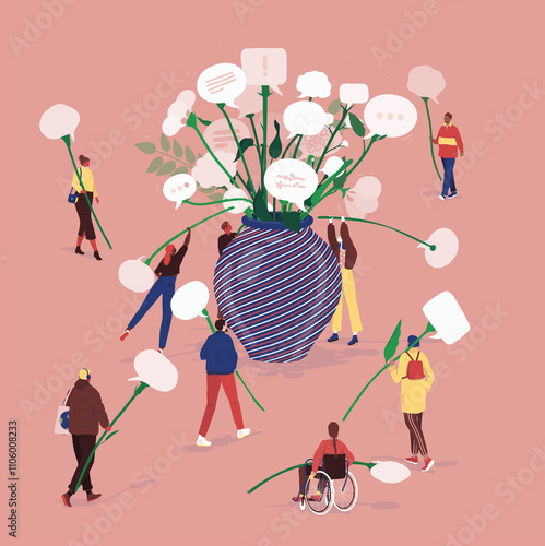 People putting speech bubble flowers in vase