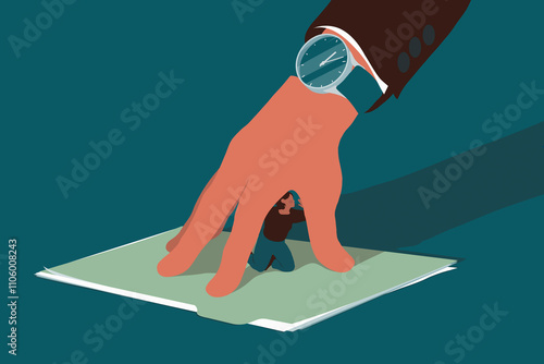 Businessman’s hand forming cage trapping woman on folder