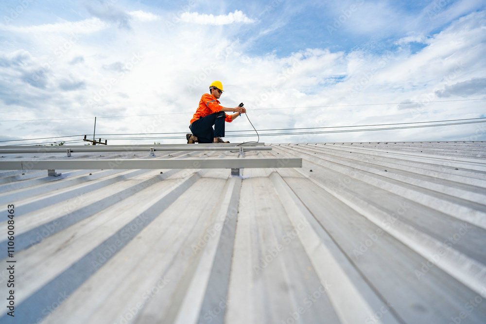 Technician in safety uniform and helmet kneeling on a rooftop, using a drill for precise installation work. A scene highlighting safety, professionalism, and technical expertise in construction. Technician in safety uniform and helmet kneeling on a rooftop, using a drill for precise installation work. A scene highlighting safety, professionalism, and technical expertise in construction.