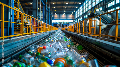 Plastic waste bottles being processed on a conveyor belt, representing recycling and environmental conservation. photo