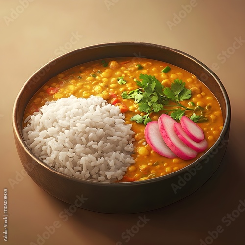  Nepalese dal bhat tarkari, featuring a bowl of lentil soup, steamed white rice, and vegetable curry. Garnished with fresh coriander and served with a side of pickled radish.  photo