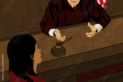 Judge talking to woman in court