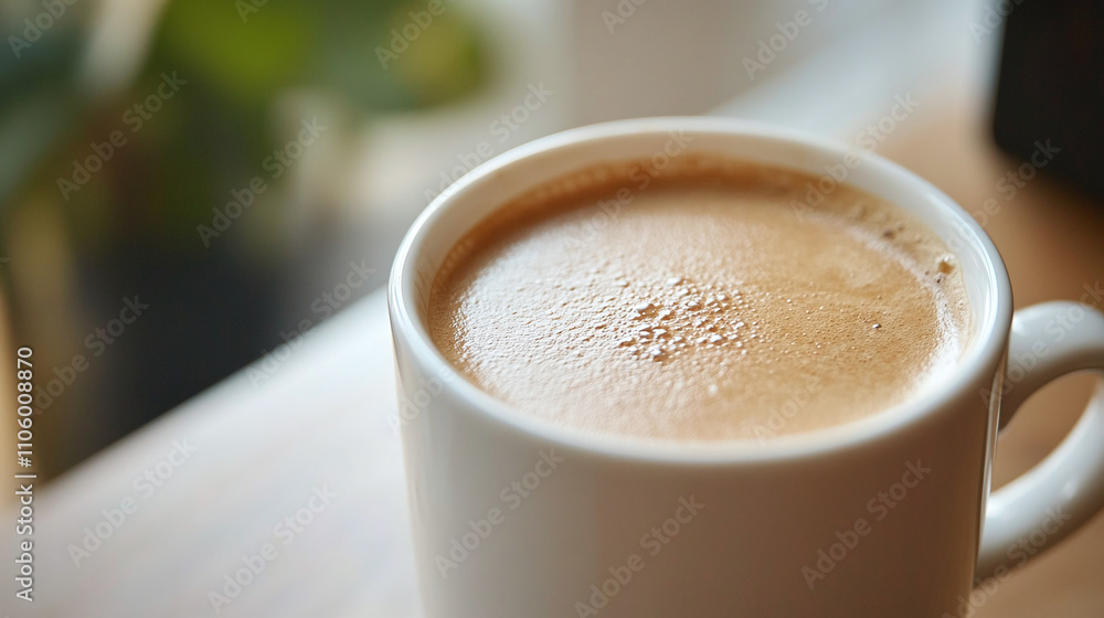 Closeup of coffee cup or mug drink, beverage placed on business office table desk next to the monitor screen display. copy space. morning workplace caffeine break, espresso cappuccino aroma on job.