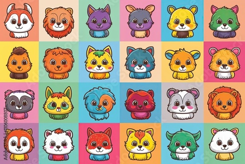 Bright and Colorful Animal Character Icons for Children: Whimsical Doodle Art Collection