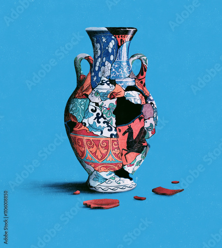 Face shaped hole in broken vase made from mismatched pieces photo