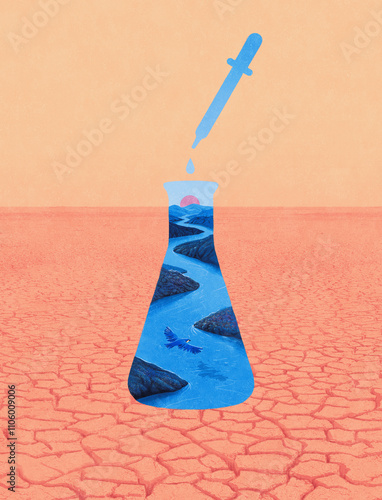 River flowing in chemistry flask in arid desert