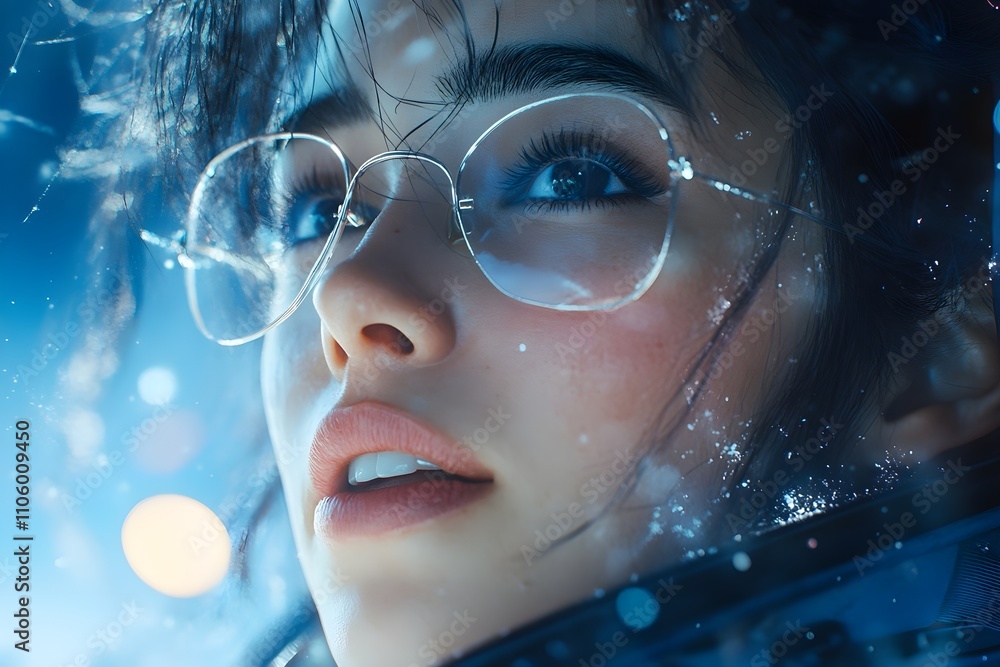 A girl wearing glasses is missing something with a sad expression while facing the winter snow. A girl wearing glasses is missing something with a sad expression while facing the winter snow.