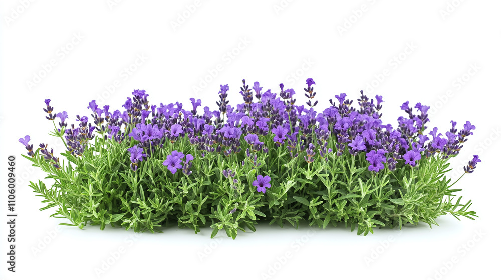 Fototapeta premium Isolated lavender flowers in a vibrant purple field, a beautiful and fragrant botanical nature plant blossom for aroma herb against a white background in garden.