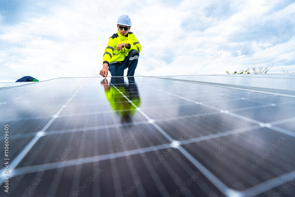 A skilled technician adjusts a solar panel on rooftop, emphasizing the transition to sustainable energy. Equipped with safety gear, the worker demonstrates precision in renewable energy installations. A skilled technician adjusts a solar panel on rooftop, emphasizing the transition to sustainable energy. Equipped with safety gear, the worker demonstrates precision in renewable energy installations.