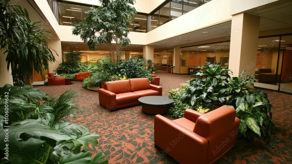 A corporate office lounge filled with greenery, promoting employee well-being and environmental responsibility. A corporate office lounge filled with greenery, promoting employee well-being and environmental responsibility.