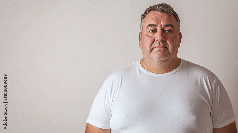 Obraz premium Portrait of fat, overweight middle-aged man wearing white t-shirt, looking at the camera, isolated on white background. diabetes disease and obesity, depressed person.