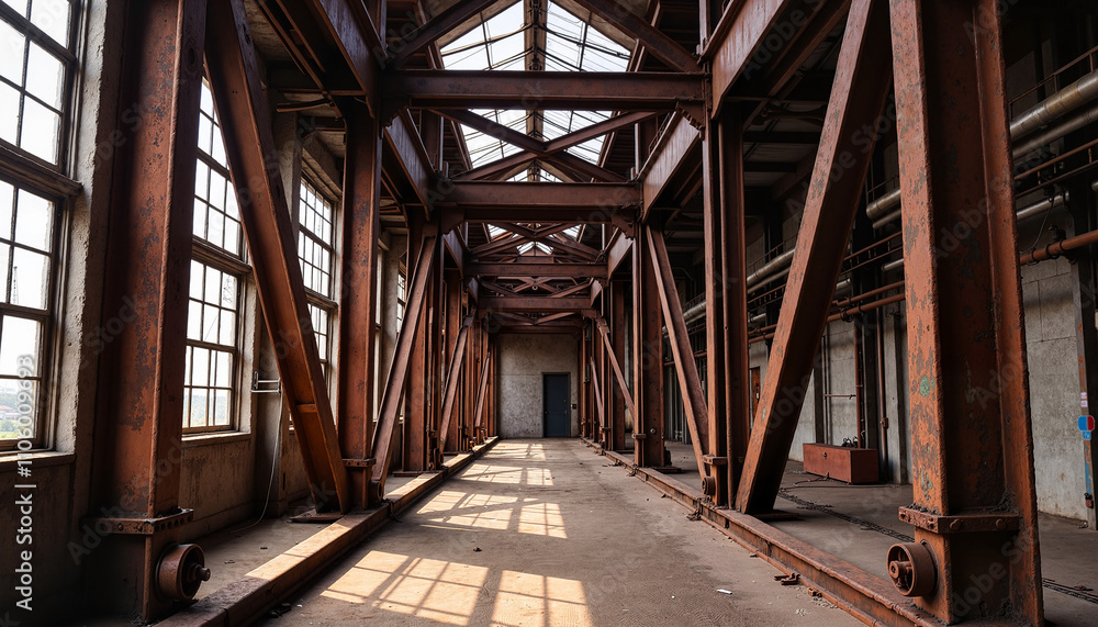 interior of abandoned industrial building showcasing rusted trusses and large windows interior of abandoned industrial building showcasing rusted trusses and large windows