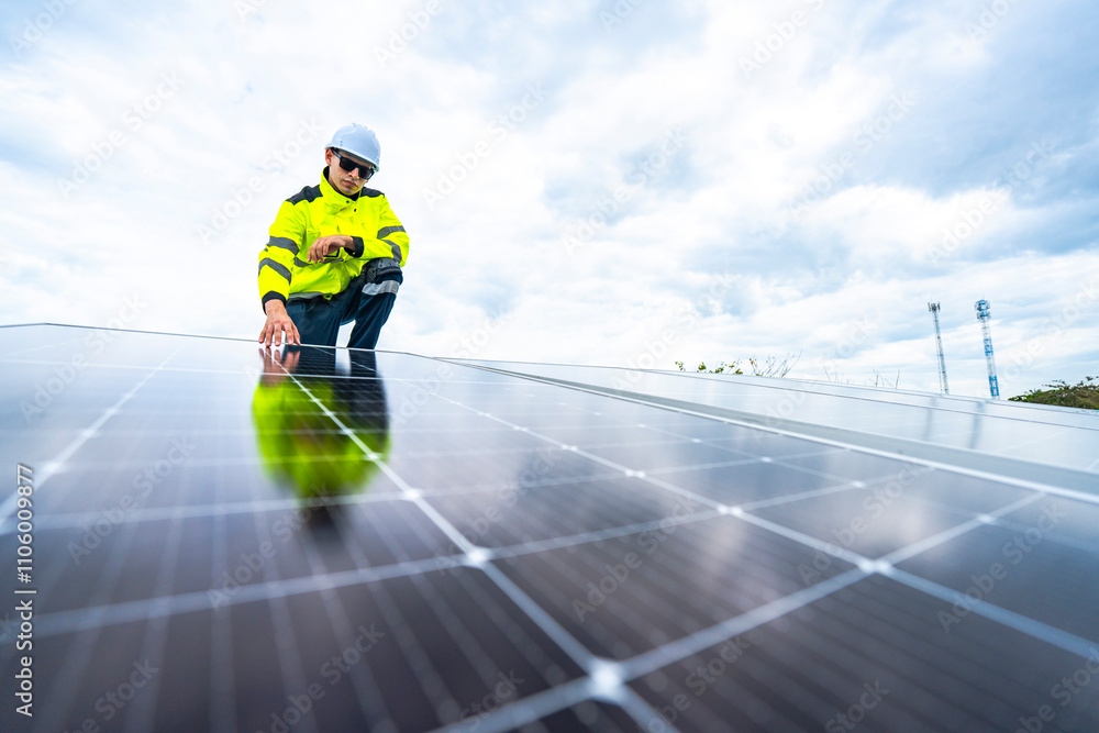 A skilled technician adjusts a solar panel on rooftop, emphasizing the transition to sustainable energy. Equipped with safety gear, the worker demonstrates precision in renewable energy installations.