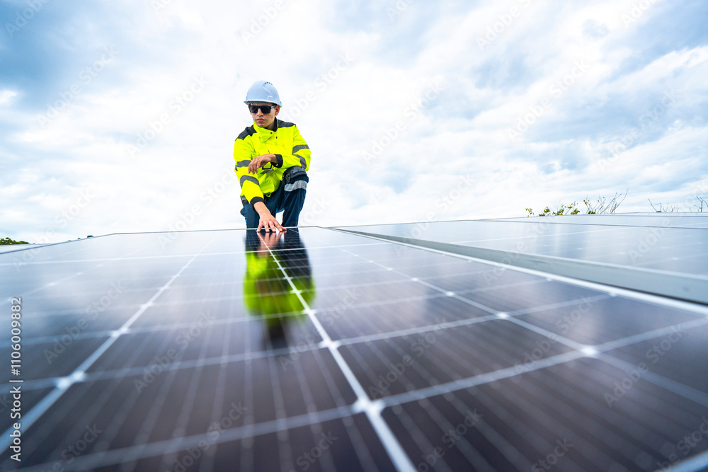 A skilled technician adjusts a solar panel on rooftop, emphasizing the transition to sustainable energy. Equipped with safety gear, the worker demonstrates precision in renewable energy installations. A skilled technician adjusts a solar panel on rooftop, emphasizing the transition to sustainable energy. Equipped with safety gear, the worker demonstrates precision in renewable energy installations.